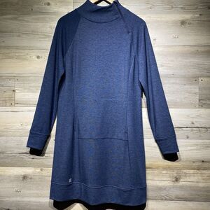 Title Nine Guthrie Dress Size Medium Zipped Mock Neck Terry Blue Pouch Pocket